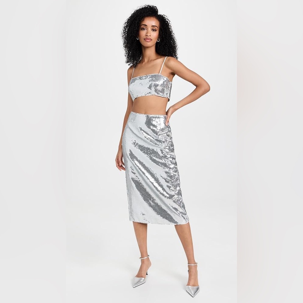 NWT Rhode Silver Sequin Sparkle Tracy Set. Skirt and Top. Size 4